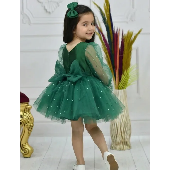 Kız Çocuk Zümrüt Yeşili İncili Uzun Şeffaf Kol Kabarık Elbise