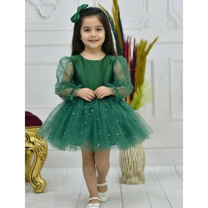 Kız Çocuk Zümrüt Yeşili İncili Uzun Şeffaf Kol Kabarık Elbise