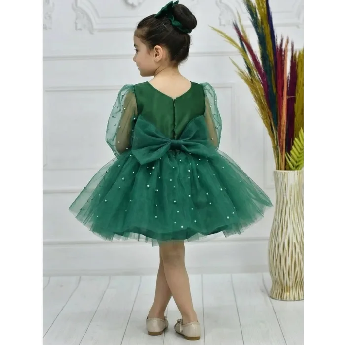 Kız Çocuk Zümrüt Yeşili İncili Uzun Şeffaf Kol Kabarık Elbise