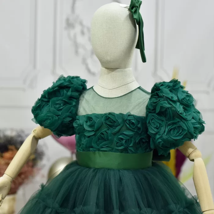 Kız Çocuk Zümrüt Yeşili Kabarık Gül Desenli Tül Etek şeffaf Kısa Balon Kol Elbise