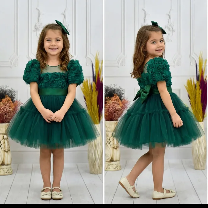 Kız Çocuk Zümrüt Yeşili Kabarık Gül Desenli Tül Etek şeffaf Kısa Balon Kol Elbise