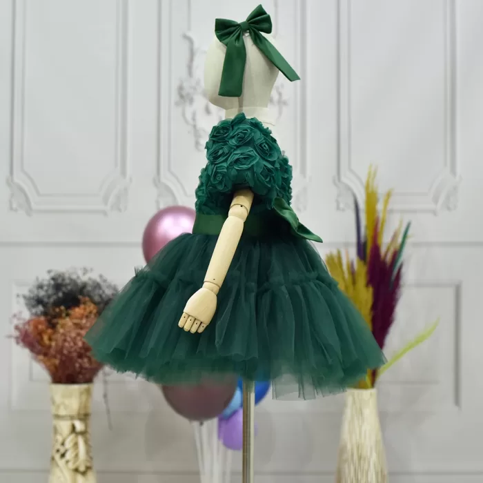 Kız Çocuk Zümrüt Yeşili Kabarık Gül Desenli Tül Etek şeffaf Kısa Balon Kol Elbise