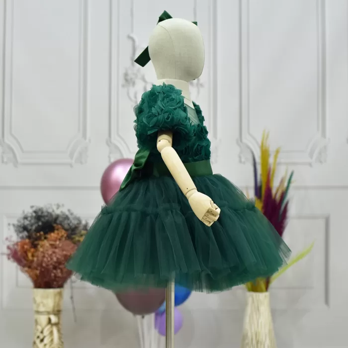 Kız Çocuk Zümrüt Yeşili Kabarık Gül Desenli Tül Etek şeffaf Kısa Balon Kol Elbise