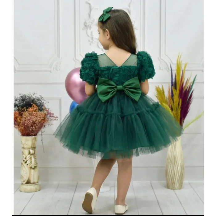 Kız Çocuk Zümrüt Yeşili Kabarık Gül Desenli Tül Etek şeffaf Kısa Balon Kol Elbise