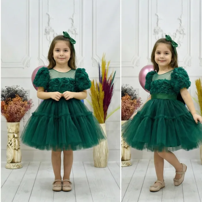 Kız Çocuk Zümrüt Yeşili Kabarık Gül Desenli Tül Etek şeffaf Kısa Balon Kol Elbise