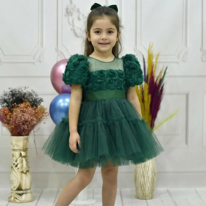 Kız Çocuk Zümrüt Yeşili Kabarık Gül Desenli Tül Etek şeffaf Kısa Balon Kol Elbise