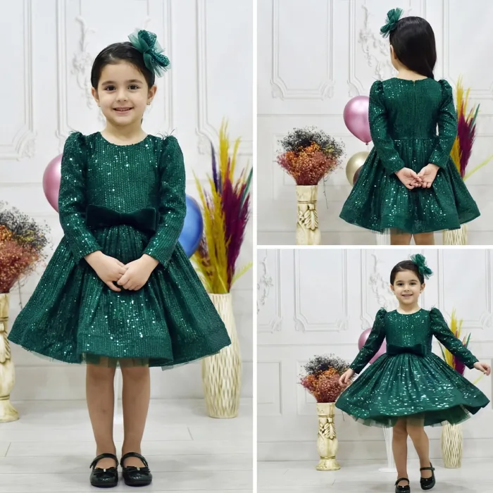 Kız Çocuk Zümrüt Yeşili Payet Kabarık Uzun Kol Omuz Tül Detaylı Elbise
