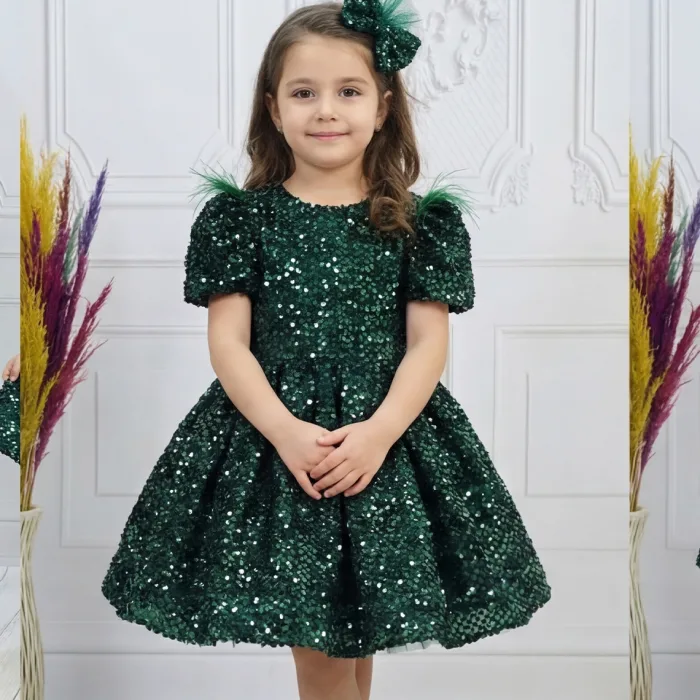Kız Çocuk Zümrüt Yeşili Payetli Kısa Balon Kol Kabarık Elbise