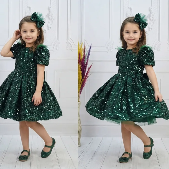 Kız Çocuk Zümrüt Yeşili Payetli Kısa Balon Kol Kabarık Elbise