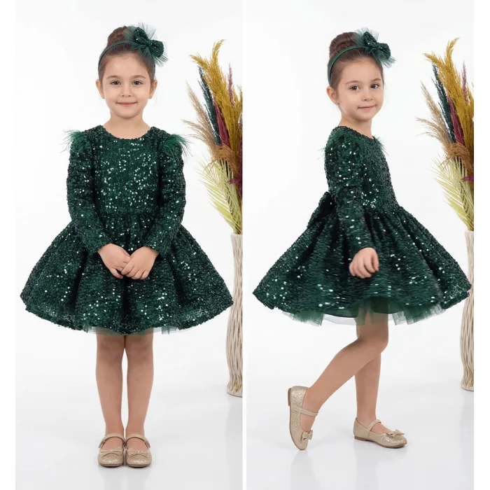 Kız Çocuk Zümrüt Yeşili Payetli Ön Dekolteli Kol Tüy Detaylı Uzun Kol Kabarık Elbise