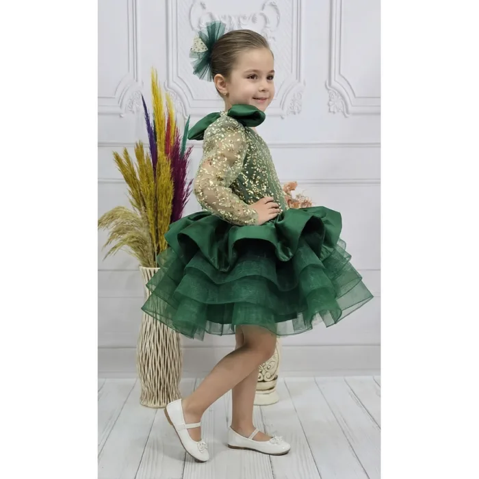 Kız Çocuk Zümrüt Yeşili Pullu Tek Omuz Parıltılı Elbise