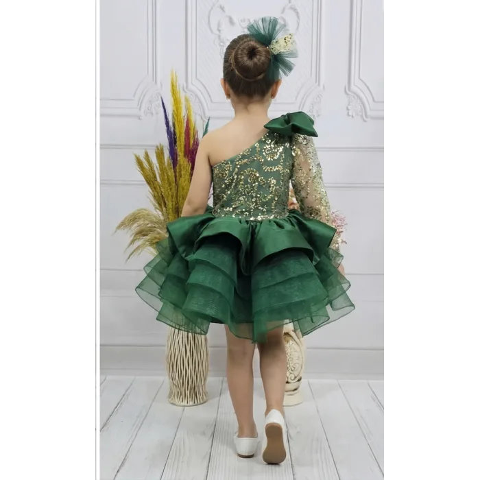 Kız Çocuk Zümrüt Yeşili Pullu Tek Omuz Parıltılı Elbise