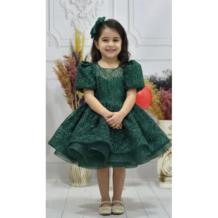 Kız Çocuk Zümrüt Yeşili Simli Parıltılı Kısa Kol Kabarık Elbise