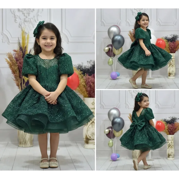 Kız Çocuk Zümrüt Yeşili Simli Parıltılı Kısa Kol Kabarık Elbise