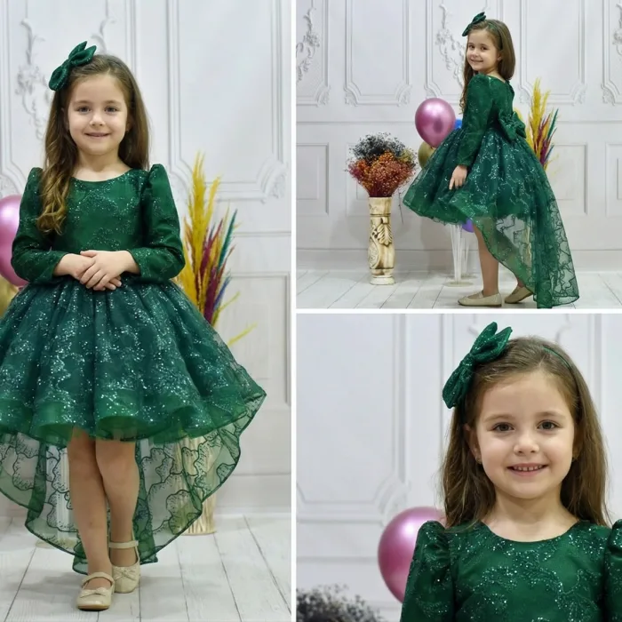 Kız Çocuk Zümrüt Yeşili Simli Parıltılı Kuyruklu Elbise
