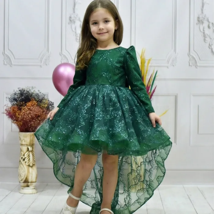 Kız Çocuk Zümrüt Yeşili Simli Parıltılı Kuyruklu Elbise