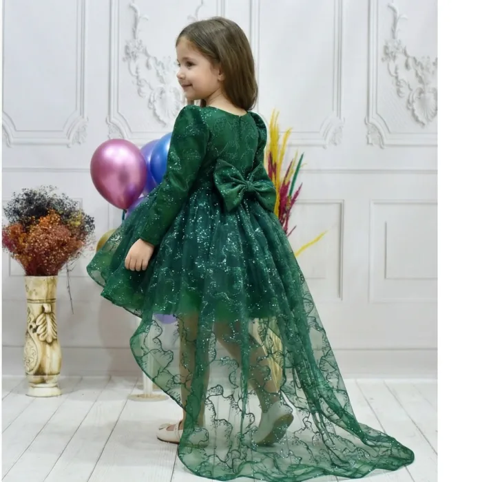 Kız Çocuk Zümrüt Yeşili Simli Parıltılı Kuyruklu Elbise