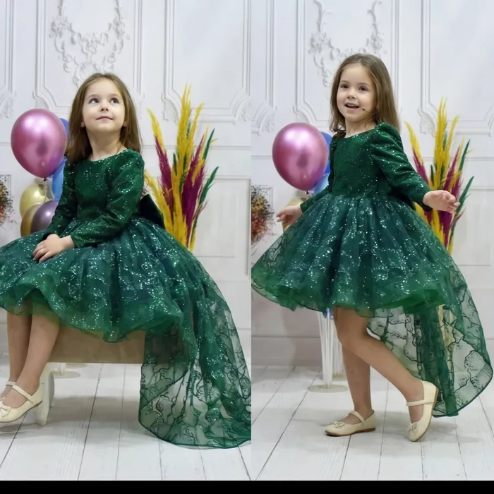 Kız Çocuk Zümrüt Yeşili Simli Parıltılı Kuyruklu Elbise