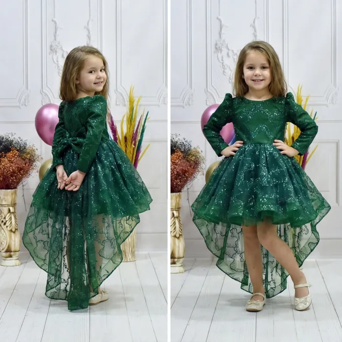 Kız Çocuk Zümrüt Yeşili Simli Parıltılı Kuyruklu Elbise