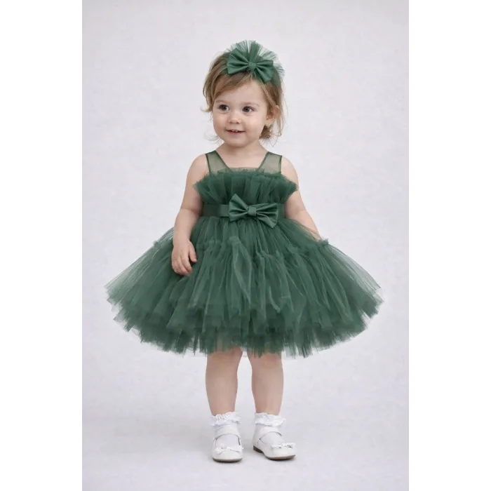 Kız Çocuk Zümrüt Yeşilli Şeffaf Üst Ön Fiyonk Detaylı Kemerli Kabarık