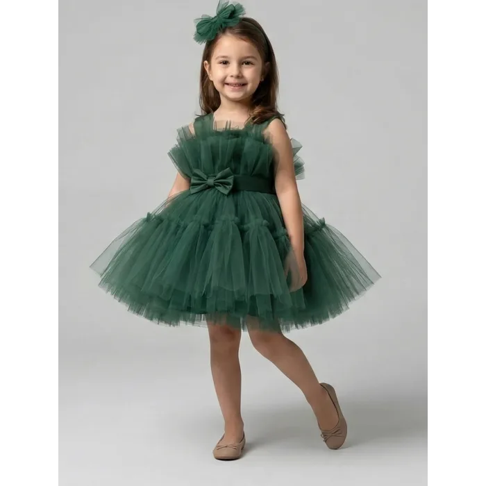 Kız Çocuk Zümrüt Yeşilli Şeffaf Üst Ön Fiyonk Detaylı Kemerli Kabarık