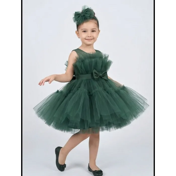 Kız Çocuk Zümrüt Yeşilli Şeffaf Üst Ön Fiyonk Detaylı Kemerli Kabarık