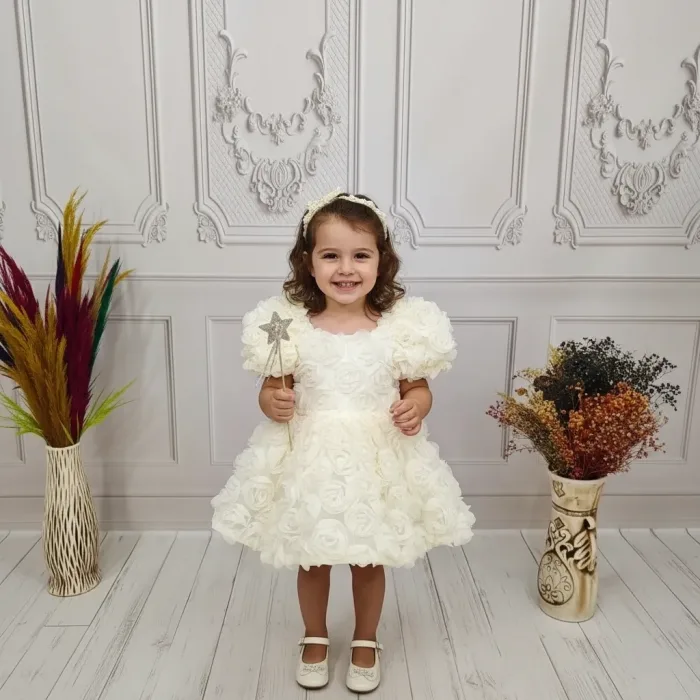 Krem Gül Desenli + Ayakkabı seti Kısa Kol Elbise Abiye Elbise Gelinlik