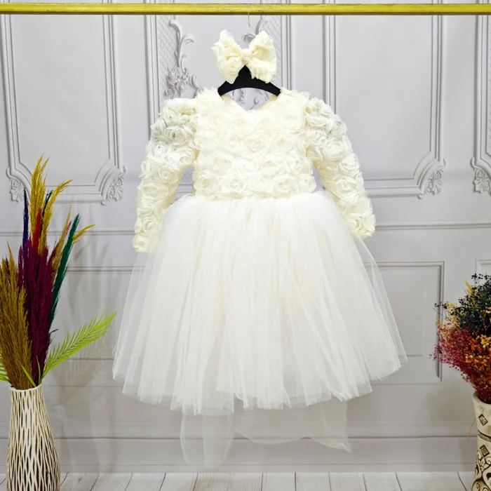 Krem Gül Kabartmalı Tütülü Kuytuklu Elbise Abiye Gelinlik