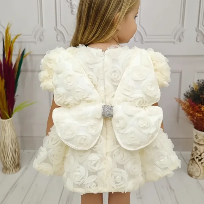 Krem Gül Desenli + Ayakkabı seti Kısa Kol Elbise Abiye Elbise Gelinlik