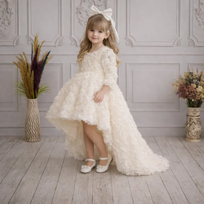 Krem Kuyruklu Gül Desenli V Yaka Uzun Kol Elbise Abiye Elbise Gelinlik