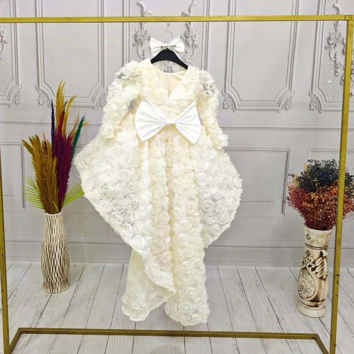 Krem Kuyruklu Gül Desenli V Yaka Uzun Kol Elbise Abiye Elbise Gelinlik