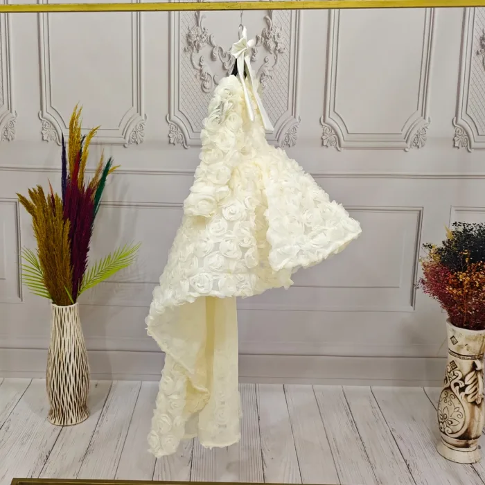 Krem Kuyruklu Gül Desenli V Yaka Uzun Kol Elbise Abiye Elbise Gelinlik