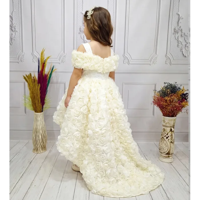 Krem Kuyruklu Madonna Yaka Elbise Abiye Elbise Gelinlik