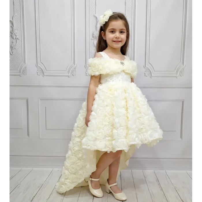 Krem Kuyruklu Madonna Yaka Elbise Abiye Elbise Gelinlik