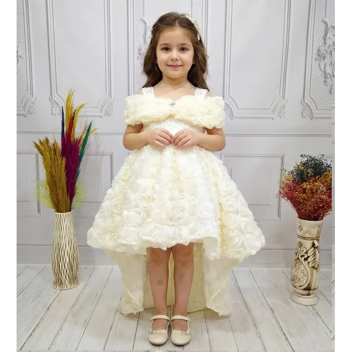 Krem Kuyruklu Madonna Yaka Elbise Abiye Elbise Gelinlik