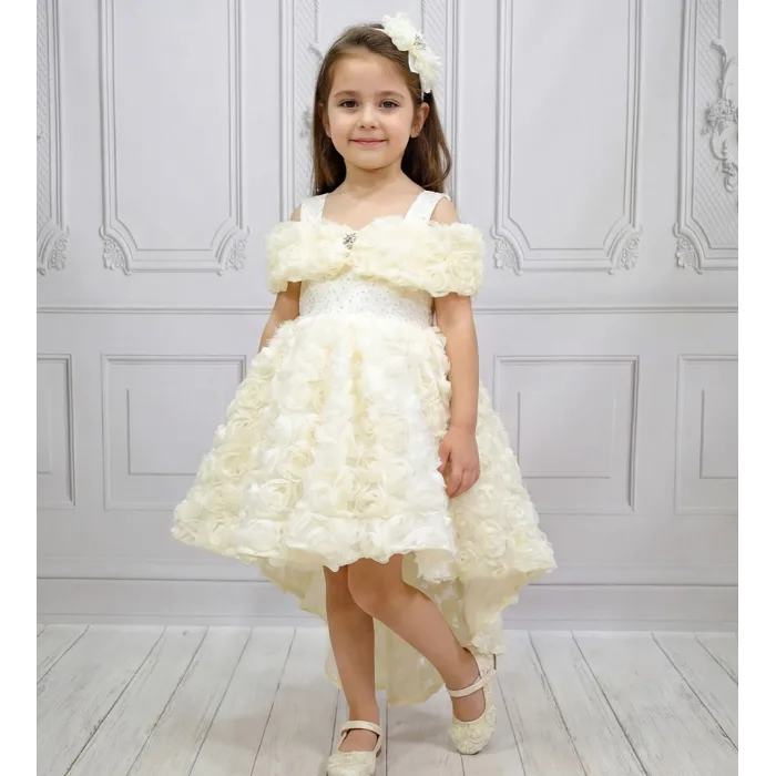 Krem Kuyruklu Madonna Yaka Elbise Abiye Elbise Gelinlik