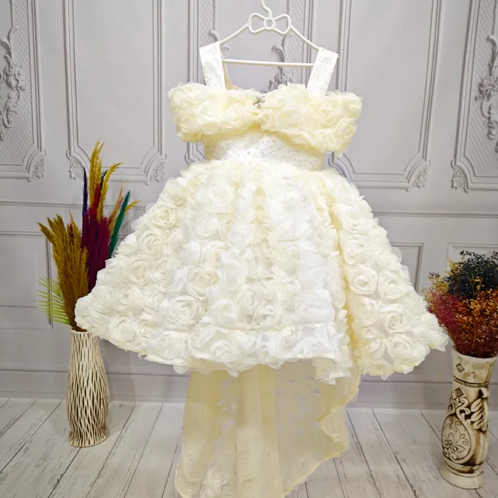 Krem Kuyruklu Madonna Yaka Elbise Abiye Elbise Gelinlik