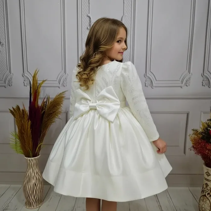 Krem Saten Uzun Kol Balon Kabarık Elbise Abiye Gelinlik