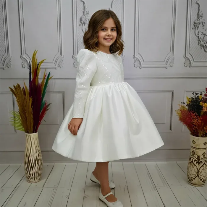 Krem Saten Uzun Kol Balon Kabarık Elbise Abiye Gelinlik