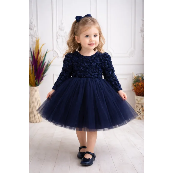 Lacivert Lacivert Güllü Desenli Kabarık Elbise Gelinlik Abiye