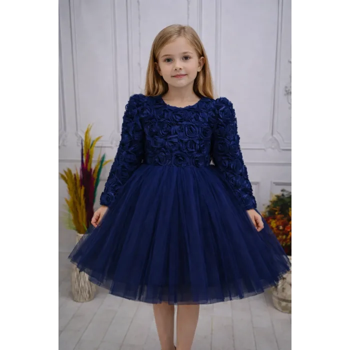 Lacivert Lacivert Güllü Desenli Kabarık Elbise Gelinlik Abiye