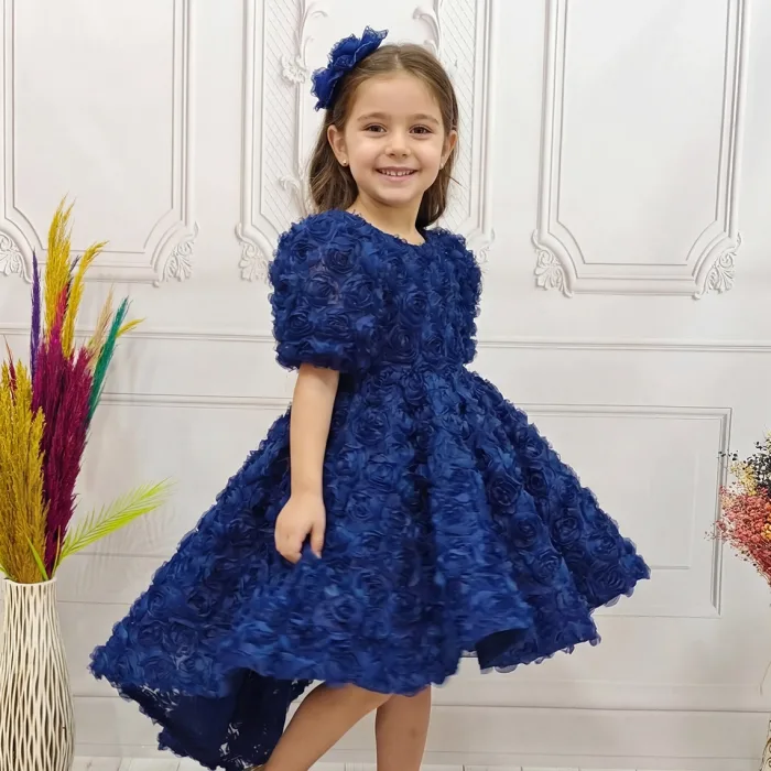 Lacivert Güllü Kuyruklu Kısa Kol Elbise Abiye Gelinlik