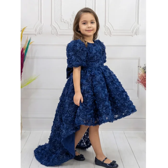 Lacivert Güllü Kuyruklu Kısa Kol Elbise Abiye Gelinlik