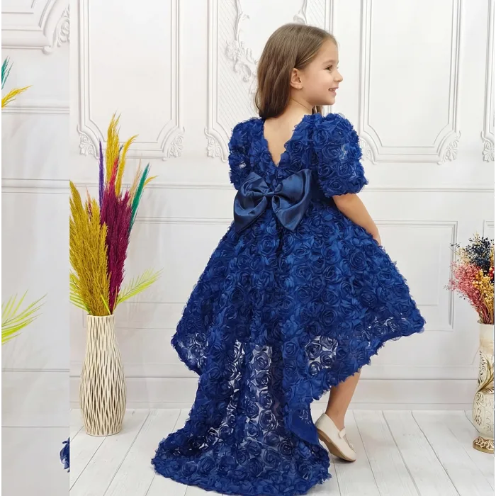 Lacivert Güllü Kuyruklu Kısa Kol Elbise Abiye Gelinlik