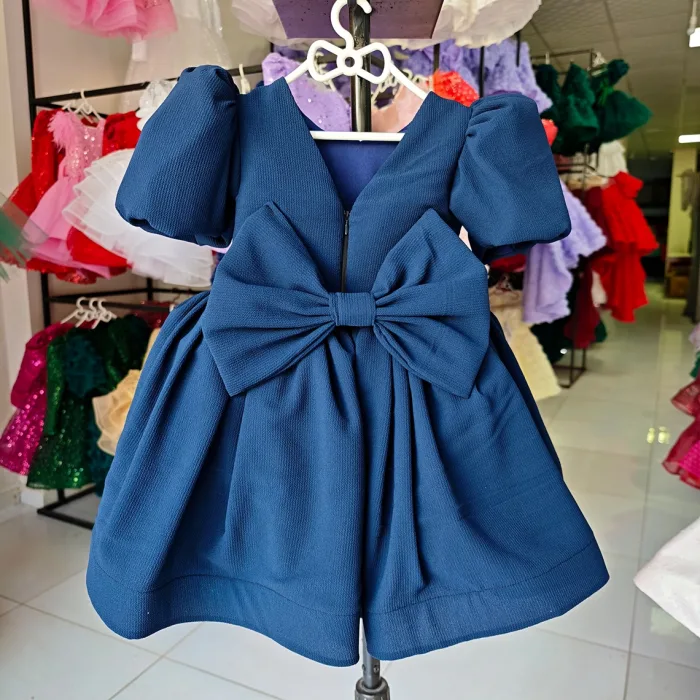 Lacivert Krep Kısa Kol Elbise Abiye Gelinlik