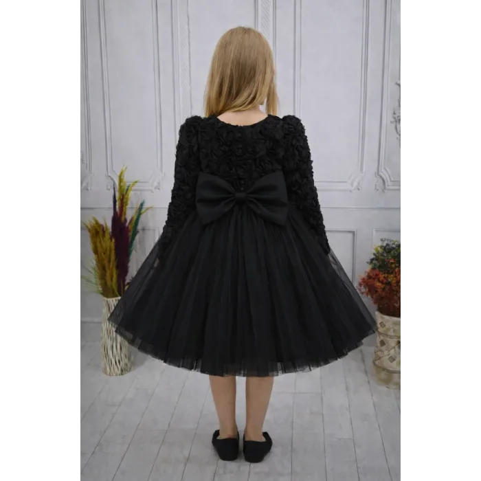 Siyah Güllü Desenli Kabarık Elbise Gelinlik Abiye