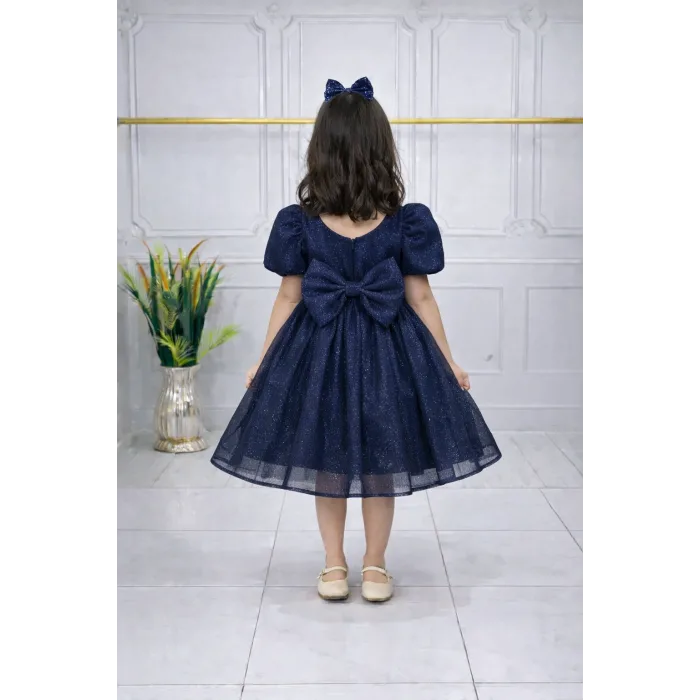 Lacivert Simli Kısa Kol parıltılı Kabarık Elbise Gelinlik Abiye