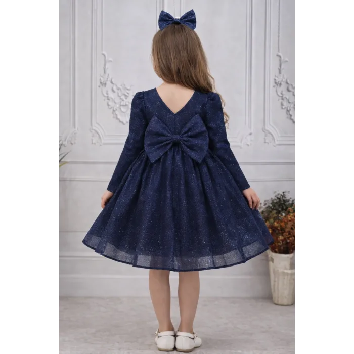 Lacivert Simli Uzun Kol parıltılı Kabarık Elbise Gelinlik Abiye