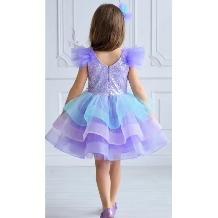 Lila Deniz Konsepti Deniz Kabuğu İşlemeli Çift Omuz Kabarık Gelinlik Elbise