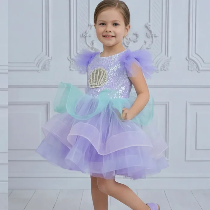 Lila Deniz Konsepti Deniz Kabuğu İşlemeli Çift Omuz Kabarık Gelinlik Elbise